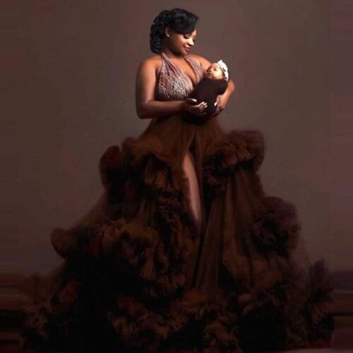 Vintage Dark Brown Halter A-line Pregnancy Dress To Photo Shoot Fluffy Tulle Ruffles Tiered Maternity Gowns Backless Front Split