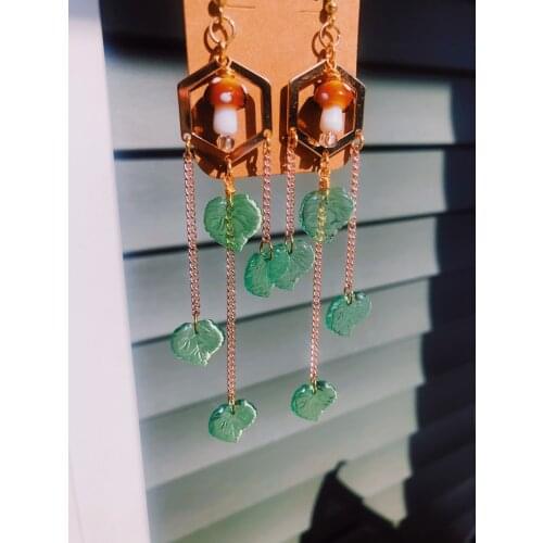 Green Leafy Shrooms // Mushroom Earrings. Woodland Earrings