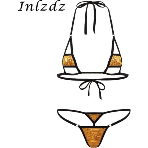 Womens Micro Mini Bikini Erotic Lingerie Set Shiny Metallic Hollow Out Halter Neck Bra Top with G-String Thong Briefs Underewear