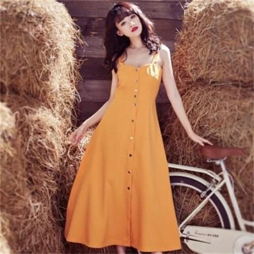 Dress Women Summer New fashion High quality dress retro college wind straps sleeveless single-breasted holiday dress women