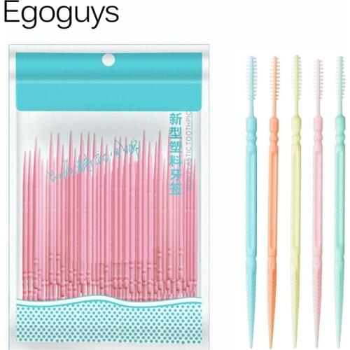 100PCS Plastic Double-end Toothpick Clean Teeth Interdental Brush Dental Floss Oral Hygiene Care Tooth Pick Stick Tool 6.3cm