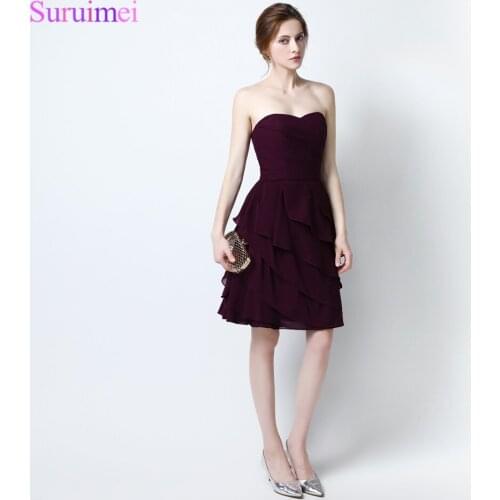 2017 Short Prom Dresses Chiffon Knee Length Dark Purple Cheap On Sale Ruffles Prom Gown Under 60