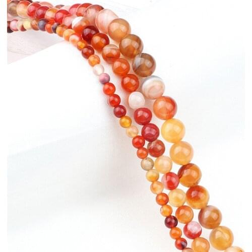 For Handmade DIY Bracelet Carnelian Orange Smooth Agates Natural Stone 8/6/4mm Striped Round Loose Bead Jewelry Making Accessory