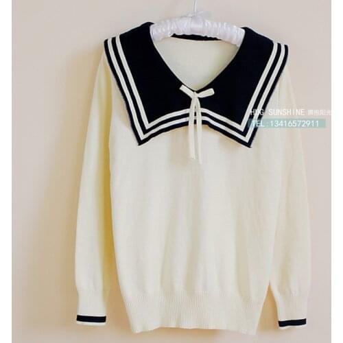 Cotton Preppy Style Sailor Collar Sweater with Bowknot Knitted Pullover V-neck Knitwear Japanese School Uniform Knitting Shirt