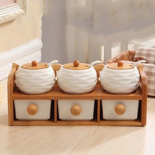 Ceramic Kitchen Accessories Spice Jar 6pcs /Set-Japan-Style Double-Layer Six-Piece Seasoning Box Set Wooden Storage Tray Holder