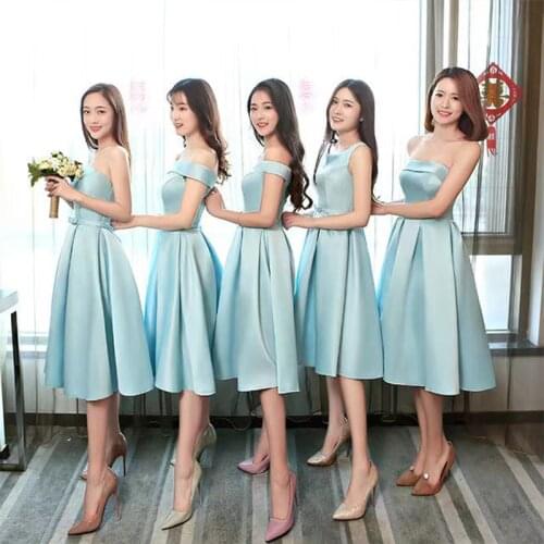Bridesmaids Dresses Vintage O-Neck Short Off The Shoulder A-Line Jersey Knee-Lengh Lake Blue Luxury Lady Wedding Party Gown E642