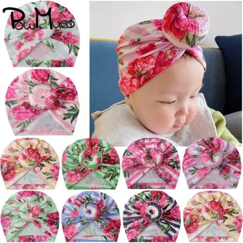 Powmuco 18*17 CM Colorful Printed Donut Hats Handmade Knotted Baby Girls Caps Striped Children Headwear Infant Photography Props