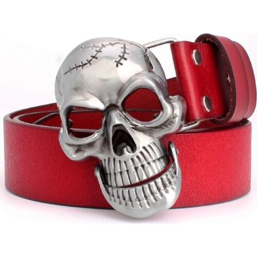 Fashion mens belt Skull buckle big skull head belt punk rock style men cowskin leather belt Skeleton hip hop jeans accessories