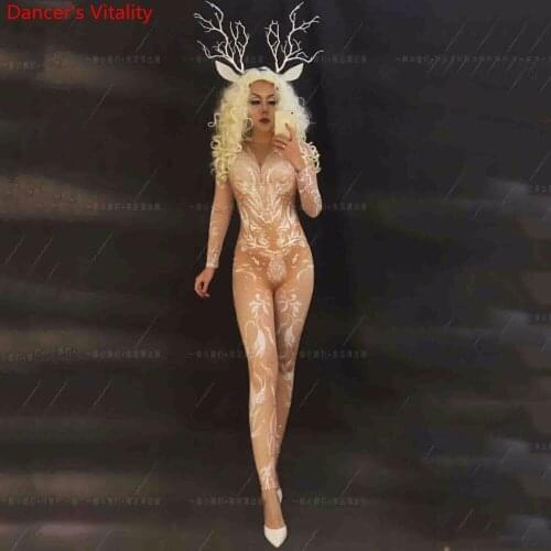 Christmas Sexy False Perspective Body Suit Bar Jazz Dancer Costume DS Singer DJ Pole Dance Diamond Clothes Outfits Garments