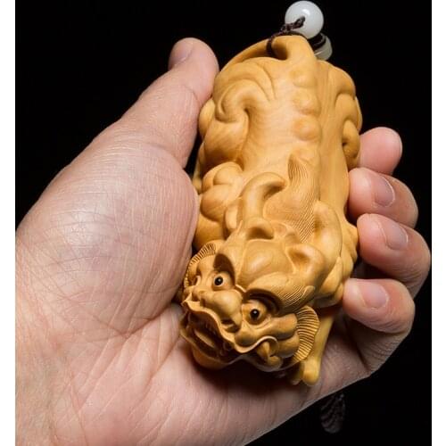 Boxwood 10cm Pixiu Sculpture Wood Carving Animal Statue Lucky Chinese God Beast Pendant Home Decor