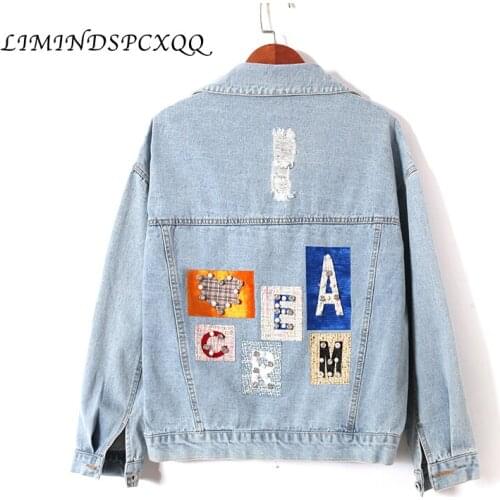Beaded Diamond Letter Embroidered Denim Coat Womens Autumn 2020 Loose All-match Denim Jacket Fashion