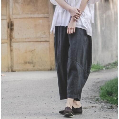 Women Cotton Linen Elastic Waist Vintage Pants Ladies Solid Color Retro Loose Trousers Female 2020 Summer autumn Pants
