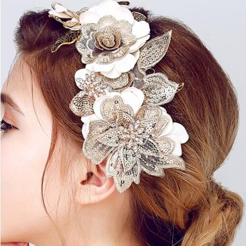 SLBRIDAL Handmade Lace Flower Gold Leaf Wedding HairBand Tiara Headband Bridal Headpiece Hair accessories Women Hair Jewelry