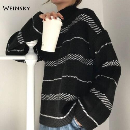Women Striped Knitted Sweater And Pullovers Korean Fashion Style Vintage Turtleneck Sweaters 2019 Autumn And Winter New Tops