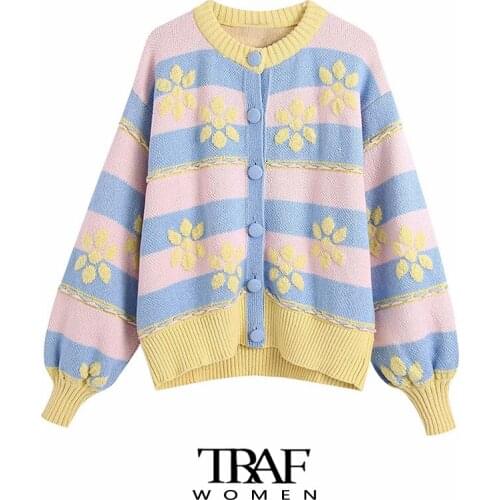 TRAF Za Women Fashion Floral Jacquard Loose Knit Cardigan Sweater Vintage Long Sleeve Button-up Female Outerwear Chic Tops