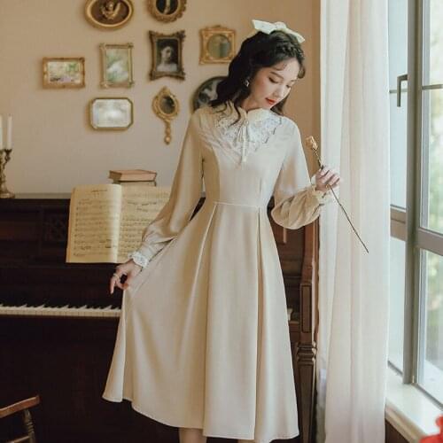 New Vintage College Style Hepburn Lace Embroidery Dress Long Dress Female Temperament Was Thin High Waist Dress WY182