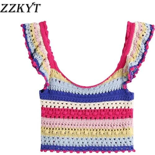 ZZKYT 2021 Women Summer Vintage Striped Cropped Knitted Tank Tops Fashion Sweet Ruffles O-Neck Backless Female Camis Chic Tops