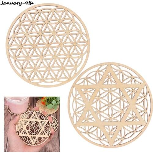 1PC Creative Chakra Chakra Pattern Coaster Wood Flower Of Life Natural Symbol Round Edge Coaster For Stone Crystal Set DIY Deco