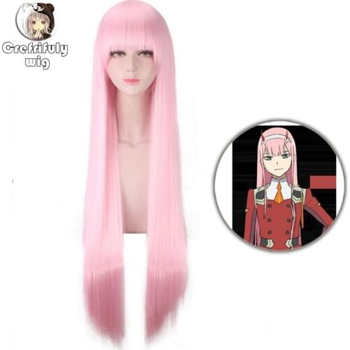 100cm Anime Darling in the Franxx ZERO TWO CODE : 002 Long Pink Cosplay Full Wigs Party Synthetic Hair