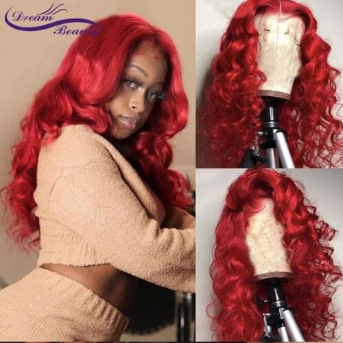 Red Colored 180% Lace Front Human Hair Wigs 13X4 Pre Plucked Wavy Wig Brazilian Remy Hair Bleached Knots Dream Beauty