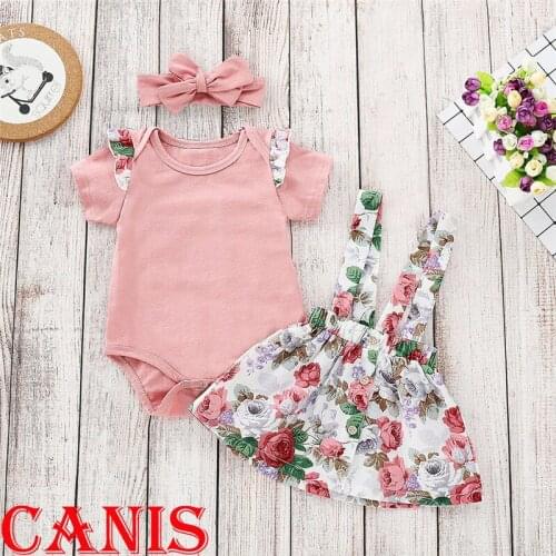 Baby Girl clothes Floral print strap Button Skirts solid bow Headband round neck Ruffle short sleeve Bodysuit 3pc Toddler Outfit