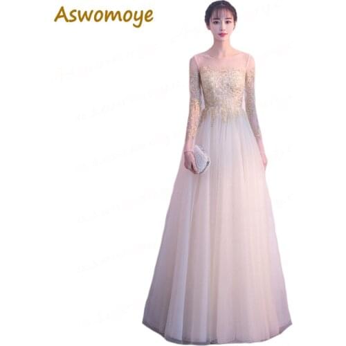 Aswomoye A-Line Long Evening Dresses 2018 Prom Dress Sexy Illusion O-Neck Formal Party Dress Gold Appliques Lac Vestido de festa