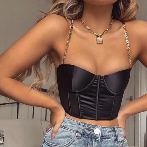 Chain Spagetti Strap Camisole Women Solid Color Vest Crop Tops Sexy Lady Low-cut Padded Short Camis Clubwear Summer Fashion Top