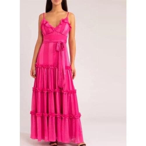 Designer Fashion Summer Long Dress Women Spaghetti Strap Ruffles Patchwork Belt Backless Holiday Party Dresses