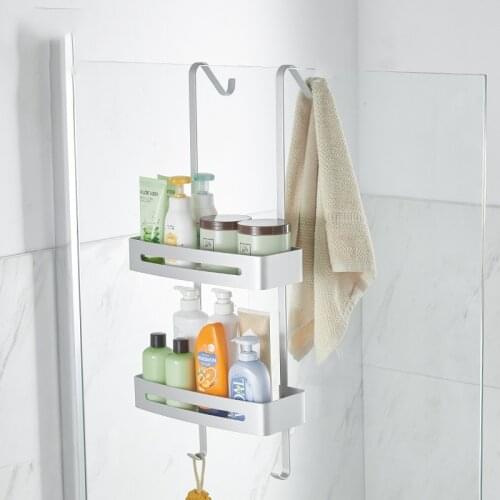 Bathroom Double Layer Storage Rack Wall-Mounted Type Hanging Behind Door Shelf Shower Organizer Glass Door Shelf Household Tool