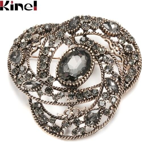 Kinel 2020 Fashion Gray Crystal Flower Women Big Brooch Drop Zircon Ethnic Banquet Vintage Jewelry Hijab Caftan Accessories