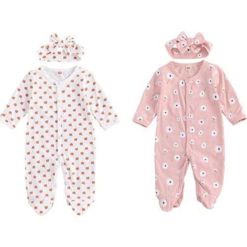 2021 Newborn Baby Girls Boys Lovely Rompers Flowers Print Long Sleeve Single Breasted Cotton Jumpsuits Headband 0-12M