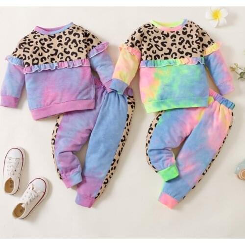 2pcs Autumn Spring Kids Suit Set Girls Tie-Dyed Leopard Print Round Neck Long Sleeve Sweatshirt Top Trousers Childrens Sets