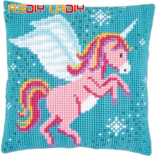 Cross Stitch Cushion Cover Pink Unicorn Pillow Case Pre-Printed Canvas Thick Yarn Cross-stitch Kits Needlepoint Arts and Crafts