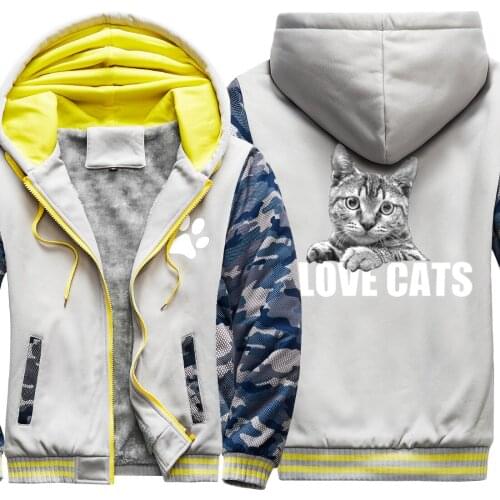 Love Cat Print Camouflage Raglan Thicken Jackets 2020 New Arrival Winter Male Clothing And Hooded Fashion Tops sudadera hombre