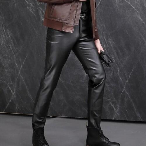 Genuine Leather Pants Mens Brand Black Motorcycle Pants The first layer of Sheepskin Pants Male Personality Leather Pants