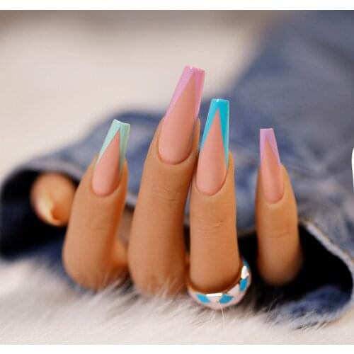24pcs Fake Nails with Designs Long Coffin Artificial Nail Art Tips Ballerina Full Cover False Nails Set Colorful Press on Nails