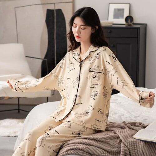 Spring and Autumn New Pajamas Womens Cardigan Long Sleeve Knitted Cotton Korean Womens Fattening and Loose Fitting Home Suit