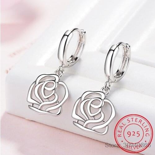 Original Women Earrings Hollow Flower Pendant Drop Earrings pendientes Wedding Party 925 sterling silver Jewelry Wholesale