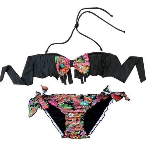 Bikini Top Tassels Swimwear Black Floral Swimsuit Summer Biquinis Brasileiro Bathing Suit USA Womens Bikinis Mix Bottom Secret