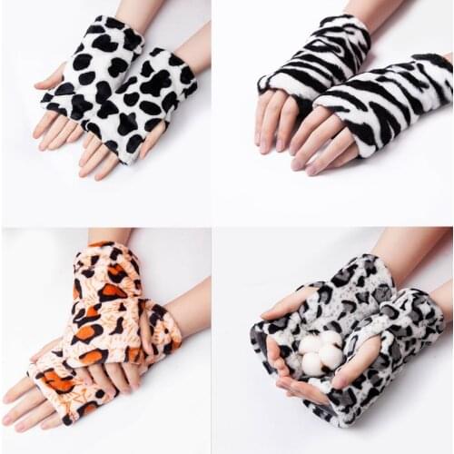 Women Winter Touch Screen Mittens Cute Leopard Zebra Thicken Coral Fleece Half-finger Gloves Unisex Black Driving Gloves H32