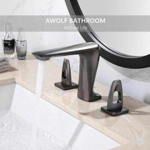 Solid Brass Luxury Bathroom Basin Sink Faucet Grey Dual Handle Matt Black Hot And Cold Mixer Water Tap 3 Parts ML8102