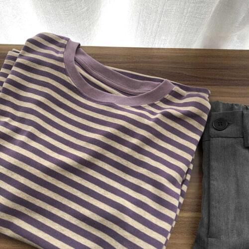 100% Cotton Ins Sweet Purple Round Neck Striped Shirt Korean Short-sleeved T-shirt Student Base