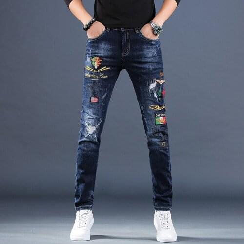 Men Embroidered Ripped Jeans Fashion Stretch Straight Slim Fit Pants Casual Streetwear Distressed Blue Denim Trousers