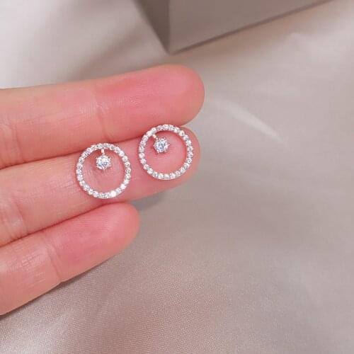 Classic Geometric Round Bling Zircon Stone Stud Earrings for Women Korean Simple Style Circle Earrings Fashion Wedding Earings