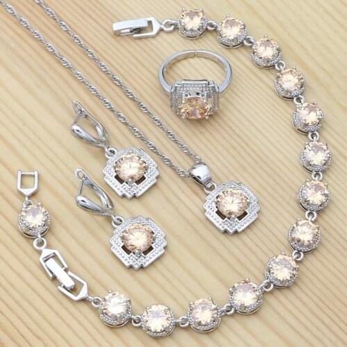 Champagne Cubic Zirconia Square 925 Silver Jewelry Set for Women Wedding Accessories Earrings Pendant Ring Chain Bracelet