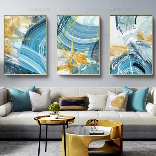 Nordic Golden Blue Abstract Canvas Poster Wall Art Print Painting Decorative Wall Pictures for Living Room Moden Home Decor