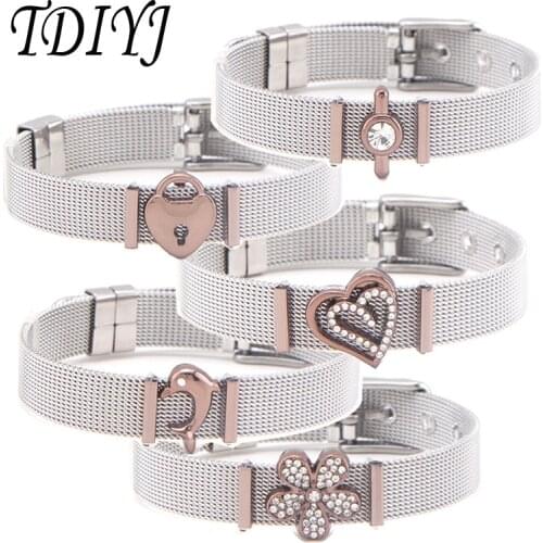 TDIYJ DIY Jewelry Stainless Steel Keeper Mesh Bracelet with Heart Love Flower Key Silde Charm as Woman Best Bracelet Bangle Gift