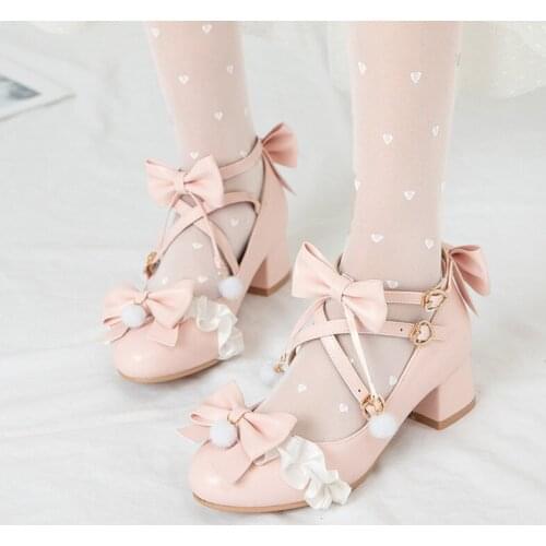 YQBTDL Big Size 34-43 Student Campus Date Lolita Bow Lace Pumps Women Buckle Strap Pompom Party Sweet Shoes 2021 Summer Fashion