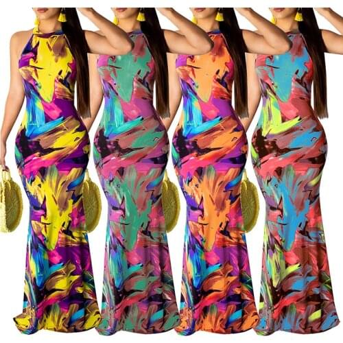 Bohemian Style Women Long Maxi Dress Printed Halter Summer Sleeveless Beach Dress Fitness Evening Party Bodycon 9 Styles S-XXL