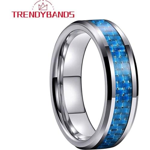 4MM Blue Carbon Fiber Inlay Tungsten Rings Mens Womens Wedding Band Beveled Edges Comfort Fit